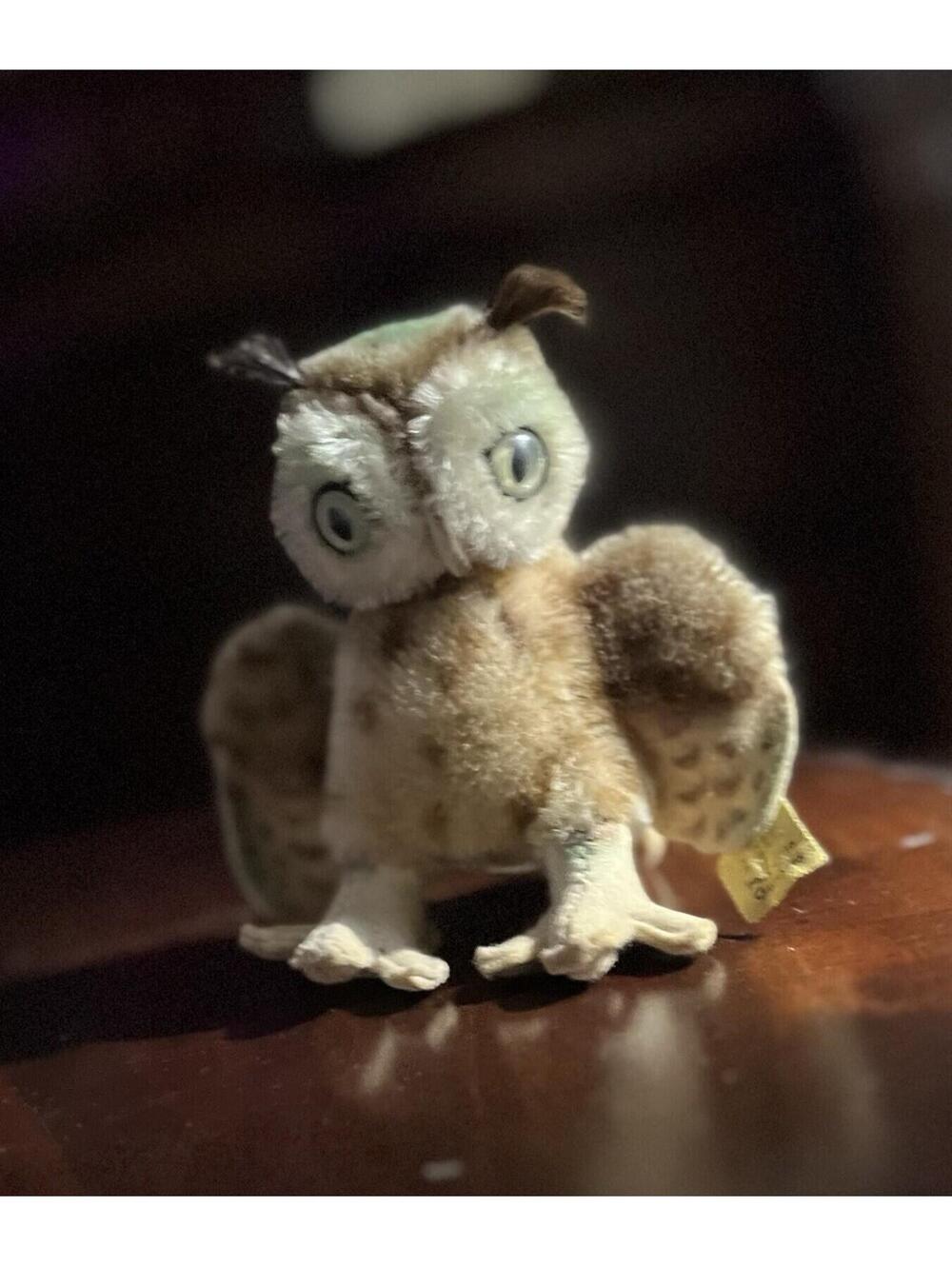 Vintage Steiff Wittie Owl Small 4” Mohair Owl, Button With Tag
